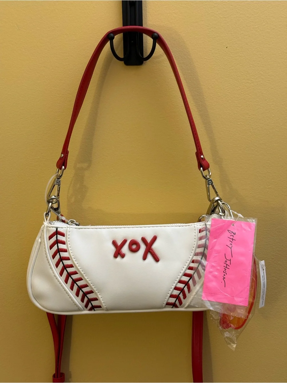 Betsey Johnson White/Red baseball/softball shoulder/crossbody. hotdog charm NWT